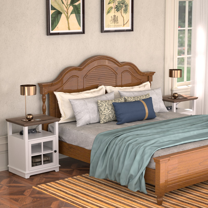 Wooden Side Table Nightstand with Charging Station for Bedroom