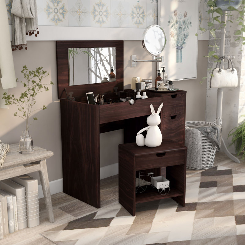 Wood Foldable Vanity Table Cheap for Bedroom with Chair
