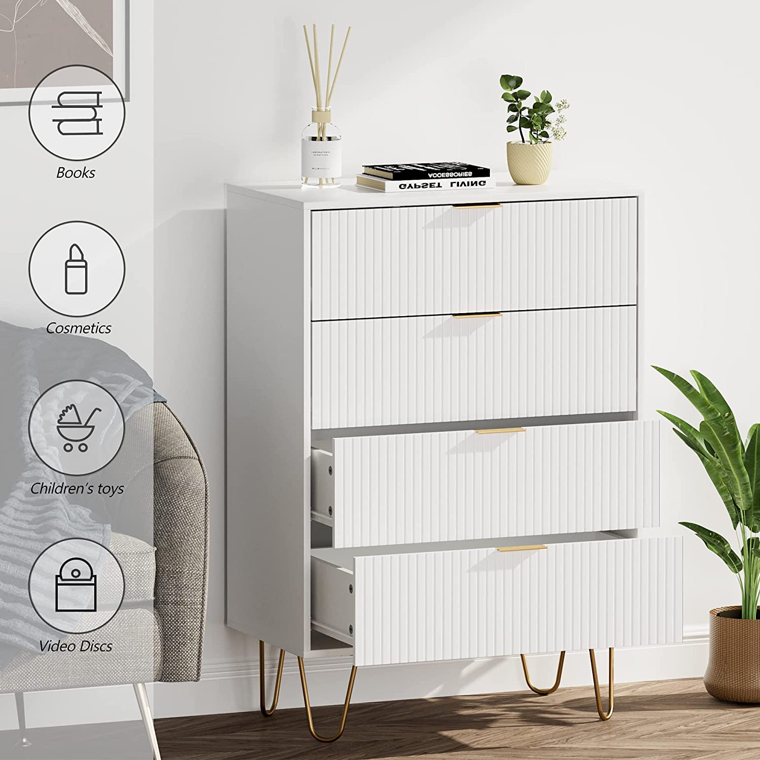 4 Drawer Chest Tall Storage Dresser Chest Cabinet Organizer Unit Drawer Dresser with Metal Legs for Bedroom
