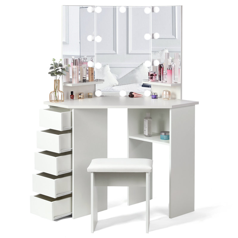 Home Furniture Wooden Modern White Vanity Desk Dressing Table Set with Lighted Mirror