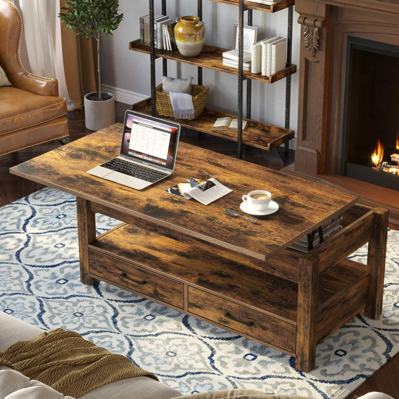 Modern Lift Top Wooden Coffee Table with Large Hidden Compartment and Side Open Shelf