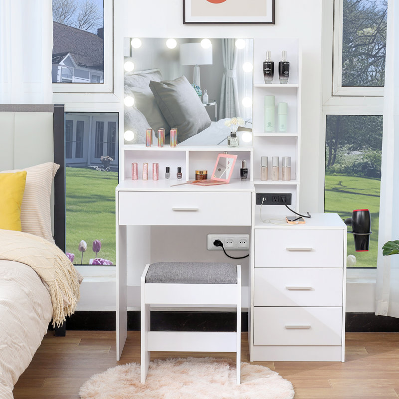 Modern Style Bedroom Furniture White Mirror Makeup Table Wooden Furniture Bedroom Dressing Table with LED Mirror
