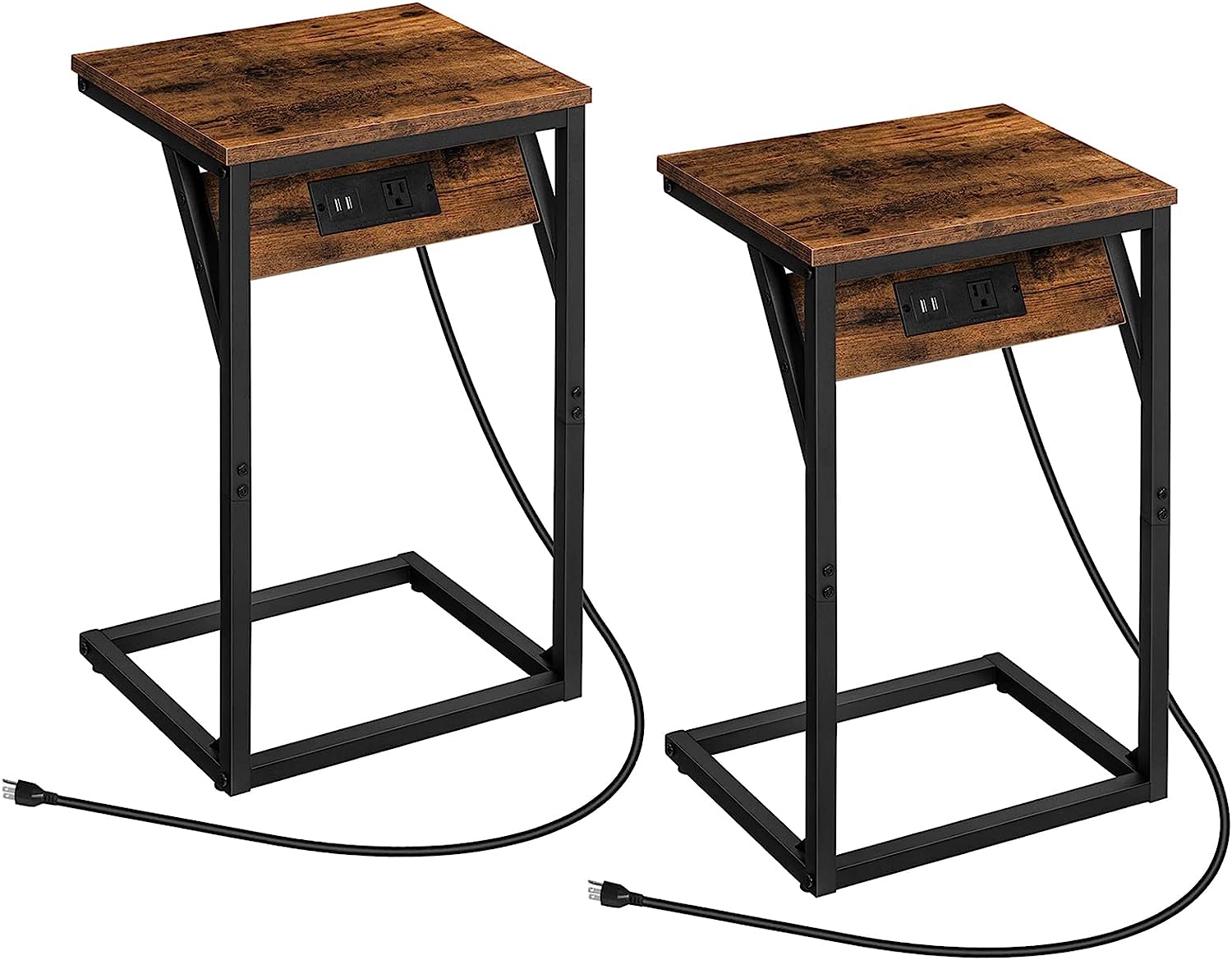 C-Shaped End Tables with Charging Station Side Table for Sofa Industrial Couch Table with Metal Frame for Study Living Room