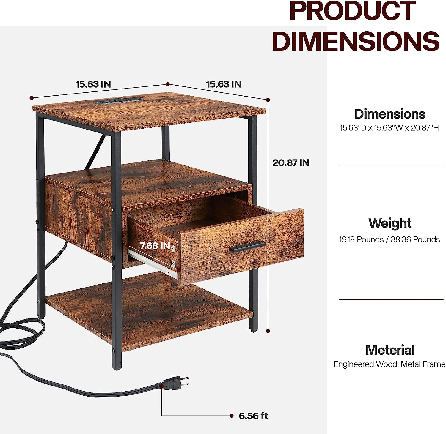 Bedside Tables with Storage Shelf & Drawer End Table with 2 USB Ports And 2 Outlets Nightstand for Bedroom Living
